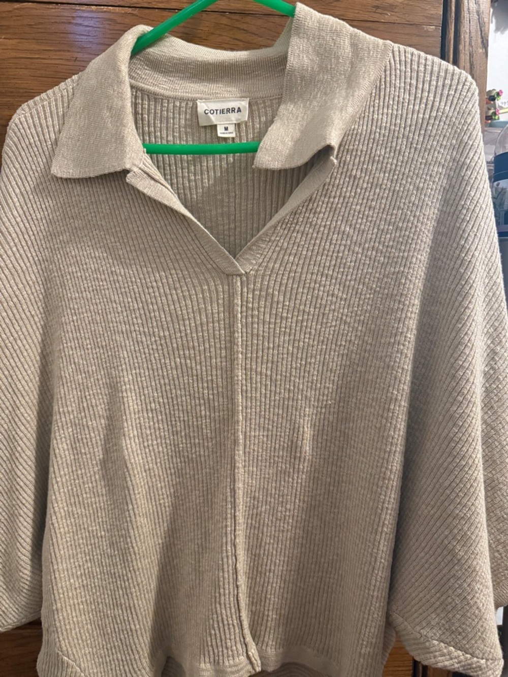 Women's Ribbed V-Neck Polo Sweater in Light Beige